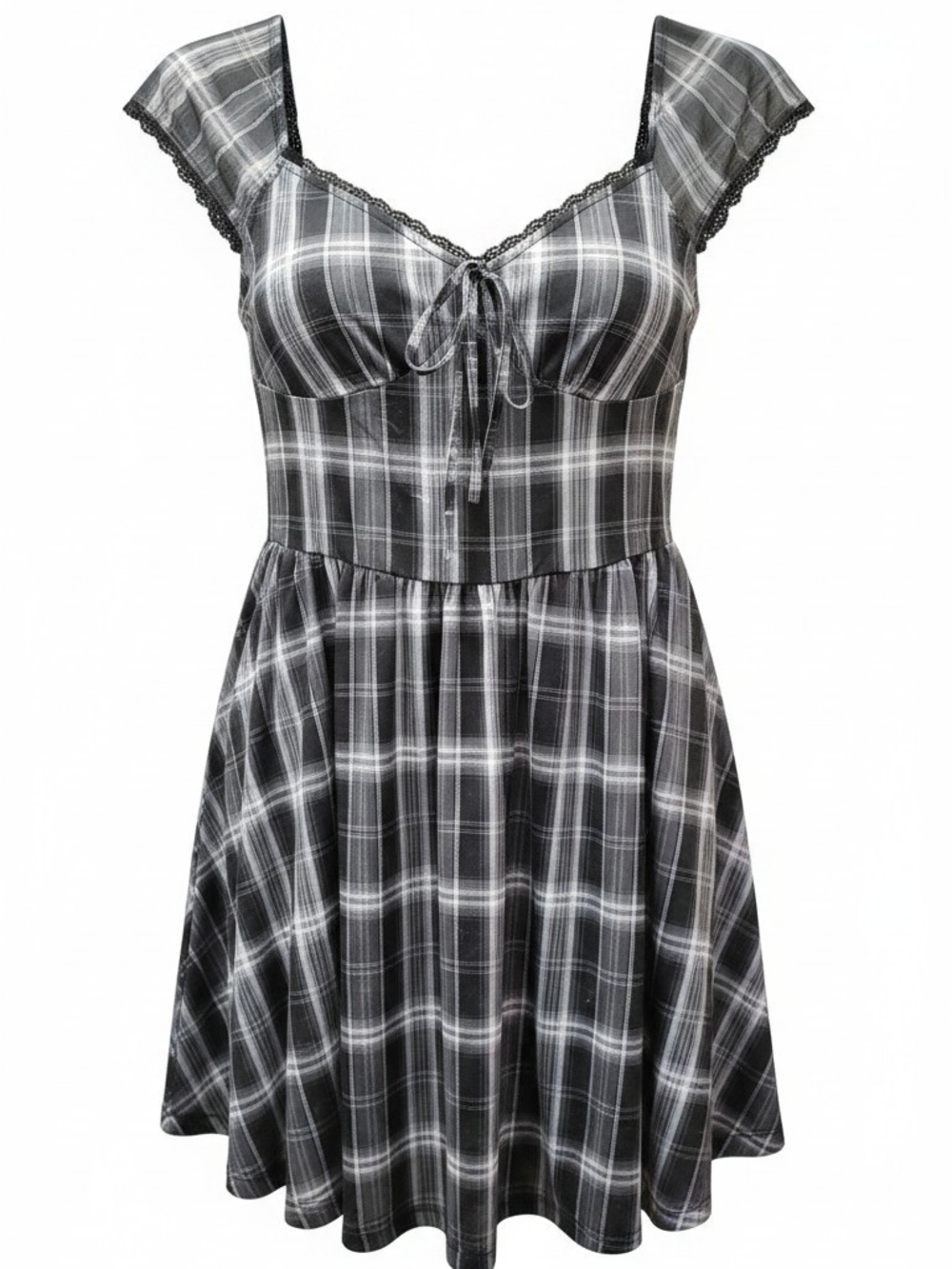 Black Plaid Lace-Trim Dress